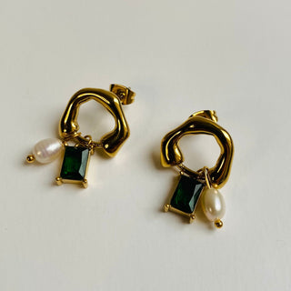 ARETES THEA PERLA Y ZIRCONIA VERDE